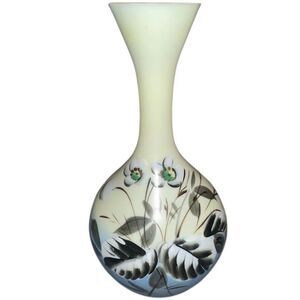 Antique Victorian White Opaline Hand Painted Flowers Bristol Vase